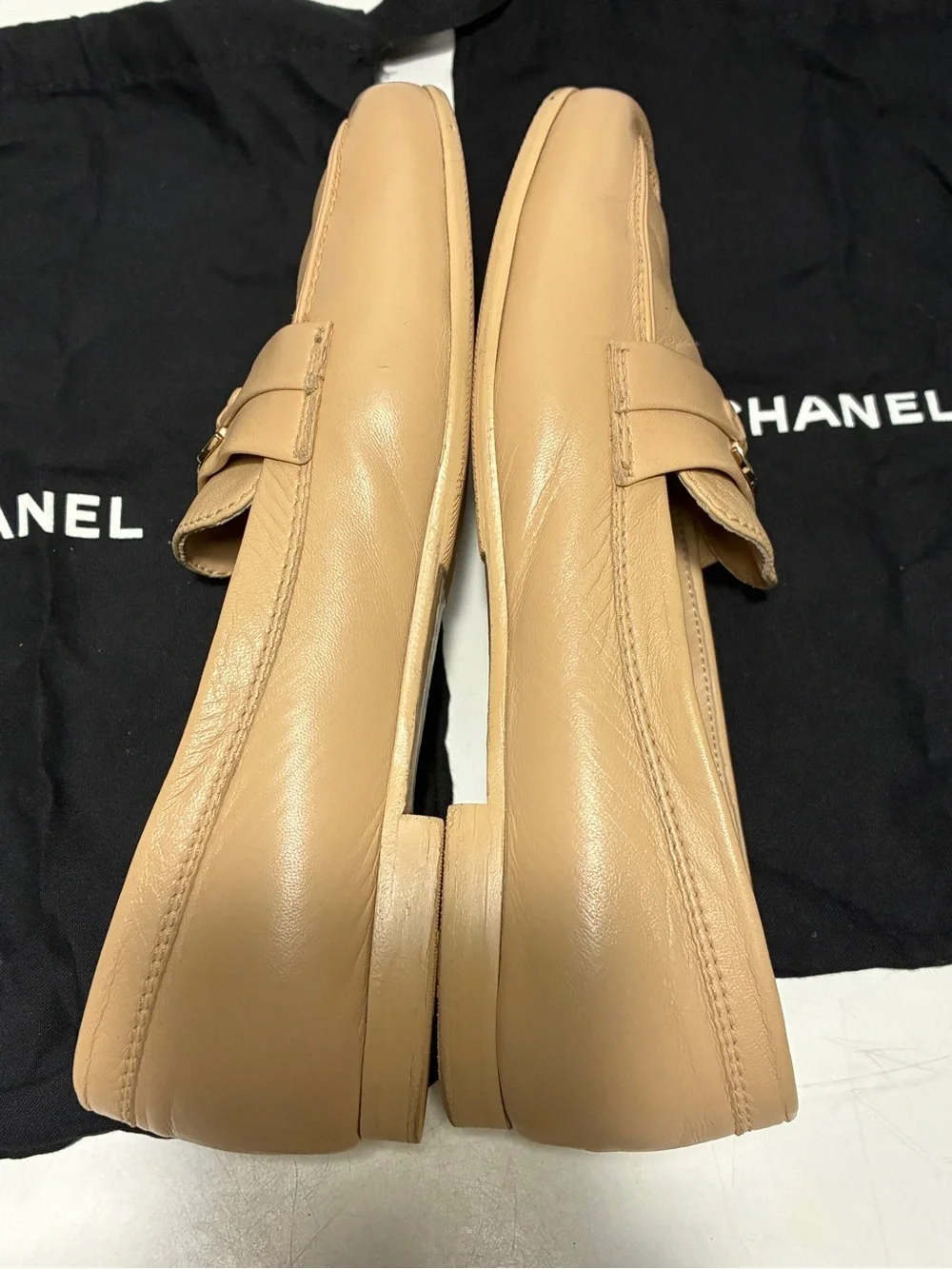 CHANEL Tan Leather CC Logo Penny Loafers